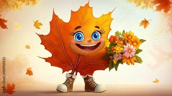 Fototapeta A vibrant and cheerful cartoon illustration of an anthropomorphic maple leaf character in autumn. The leaf is rich orange with gradient shading.