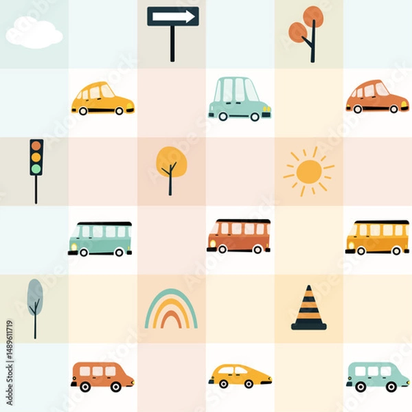 Obraz kids car transportation seamless pattern, different transportation path, train, bus car, cloud, sun, tree, signal, check