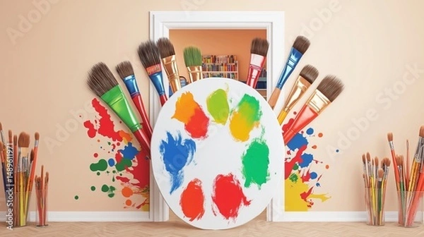 Fototapeta A vibrant art room wall mural featuring a large white painters palette with colorful paint splashes in red, blue, green, and yellow, positioned at the center. 
