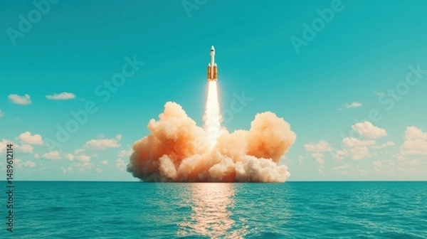 Fototapeta Rocket Launch Against a Clear Blue Sky Over Calm Ocean Waters