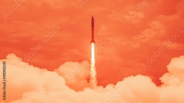 Fototapeta Stunning Rocket Launch Against Dramatic Orange Sky with Clouds