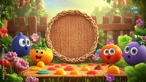 Fototapeta A vibrant learning game designed for young children, displaying a puzzle board with a large, woven basket silhouette at the center. 