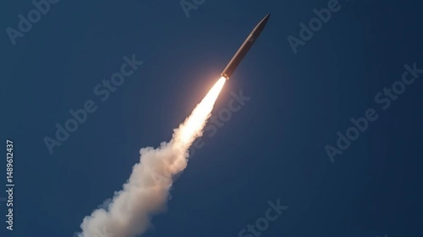 Fototapeta Rocket Launch with Flames and Smoke Against Clear Blue Sky