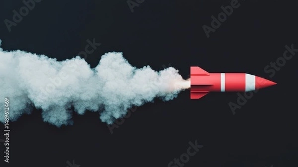 Fototapeta Red Rocket Launching with Smoke Trail Against Dark Background