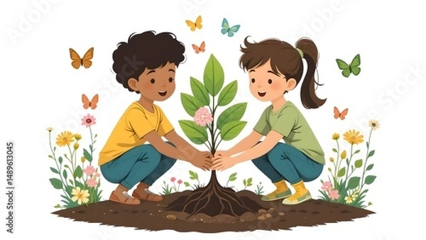Fototapeta Boy and girl from diverse cultures planting a tree together surrounded by native plants and butterflies symbolizing unity and biodiversity