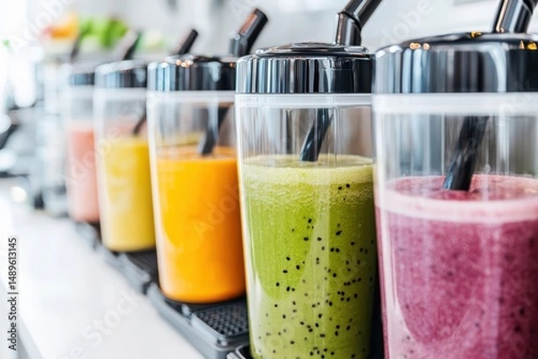 Fototapeta Colorful Smoothie Drinks in Transparent Cups on a Bright Counter