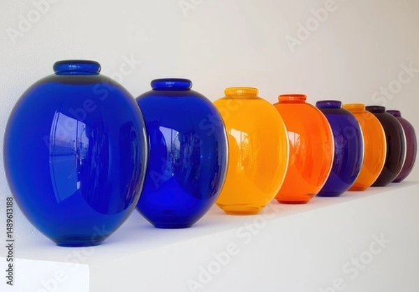 Fototapeta Colorful Glass Vases Displayed on a White Shelf in a Modern Setting