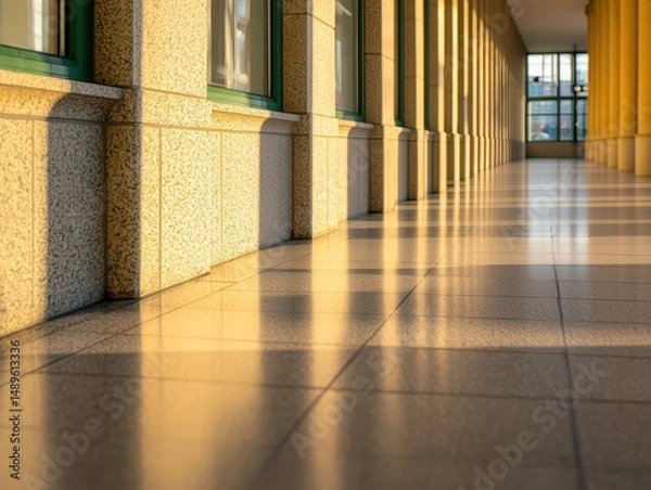 Fototapeta Sunlit Corridor with Beige Columns and Polished Floor Tiles