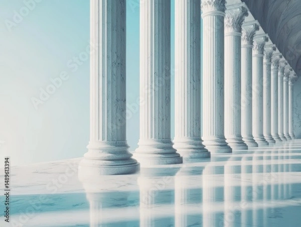 Fototapeta Elegant White Columns with Reflection in Bright Minimalist Setting
