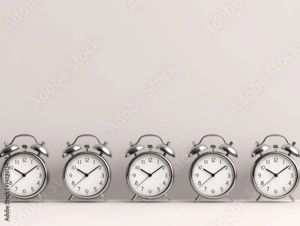 Fototapeta Five Classic Alarm Clocks in a Row Against a Simple Background