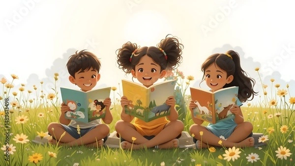 Fototapeta Five diverse children reading books in a meadow circle featuring endangered species and native languages promoting cultural and biological diversity