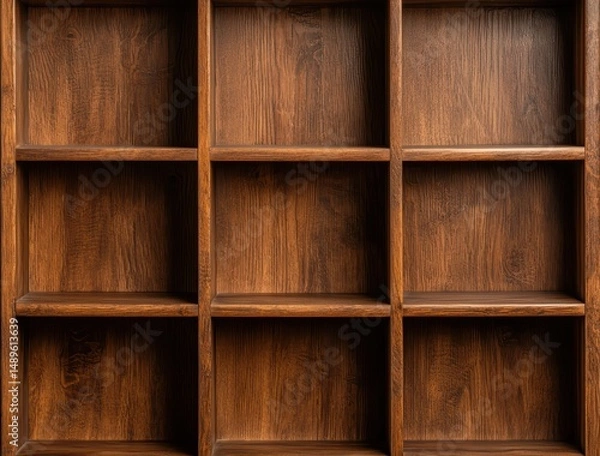 Fototapeta Wooden Shelves with Empty Compartments in a Rustic Interior Setting