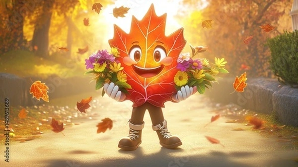 Fototapeta A whimsical, animated maple leaf character standing proudly in a cozy fall setting. The leaf glows with warm hues of orange, red, and yellow, resembling a crisp autumn day.