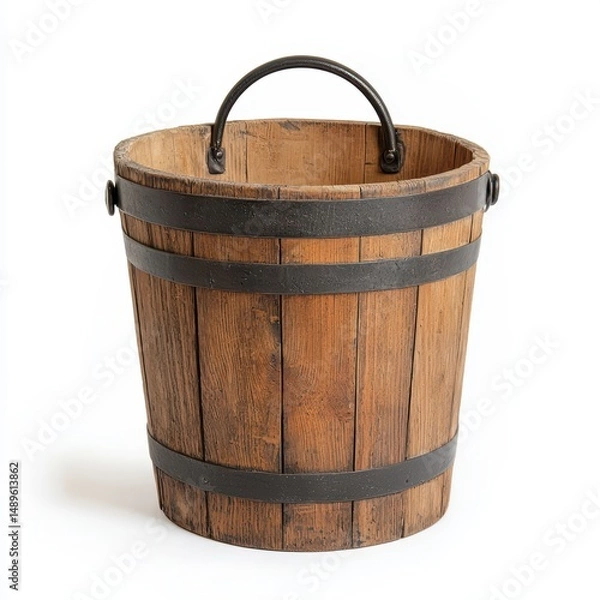 Fototapeta Rustic Wooden Bucket with Metal Bands and Handle for Decoration