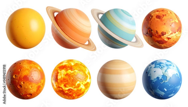 Fototapeta Collection of eight stylized planet illustrations, each with unique colors and textures, representing various celestial bodies in playful and artistic manner