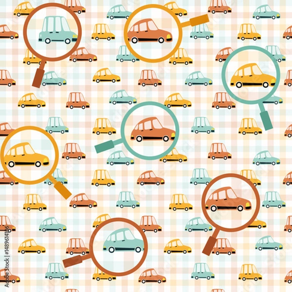 Obraz kids car transportation seamless pattern, different transportation path, train, bus car, cloud, sun, tree, signal, check, creative