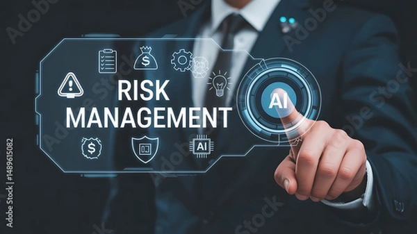Fototapeta Businessman in Dark Suit Interacting with Virtual Screen Displaying "RISK MANAGEMENT"

