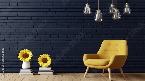 Fototapeta modern minimalist interior featuring a textured navy blue brick wall as the backdrop. A mustard-yellow fabric chair with wooden legs sits in the foreground, positioned on a warm-toned wooden floor.