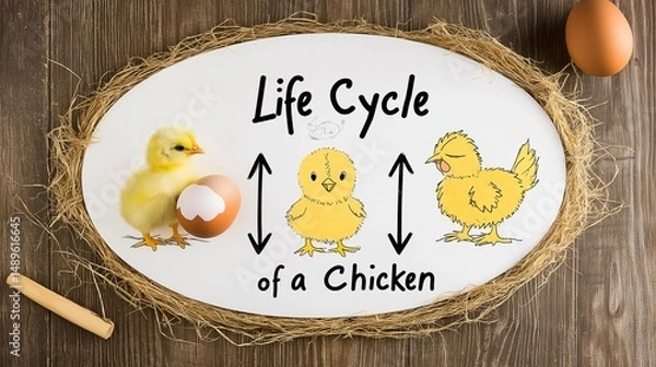 Fototapeta A beautifully arranged life cycle of a chicken craft, featuring an oval white board with four distinct phases.