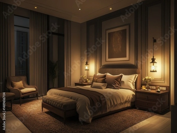 Fototapeta A luxurious bedroom decorated for a comfortable and relaxing atmosphere