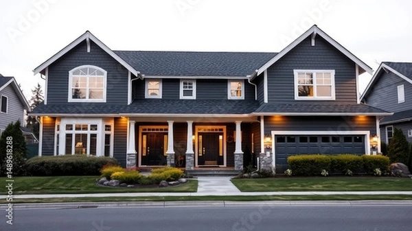 Fototapeta Spacious Suburban Home with Evening Illumination