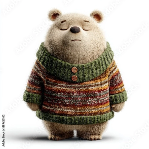 Fototapeta Fluffy bear illustration in a cozy knitted sweater, eyes closed for storybook style with chubby cheeks.