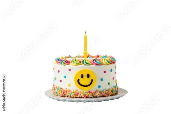 Obraz PNG Single candle smiley face birthday cake with colorful icing and sprinkles