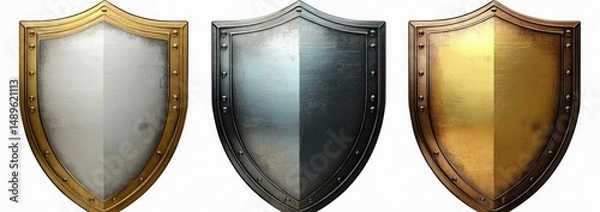 Obraz Three metallic medieval shields with rivets in silver with gold border, dark silver, and polished gold finishes against a white background
