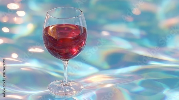 Fototapeta Wine Glass Floating Upright in a Shimmering Pool of Water Reflecting Colorful Light