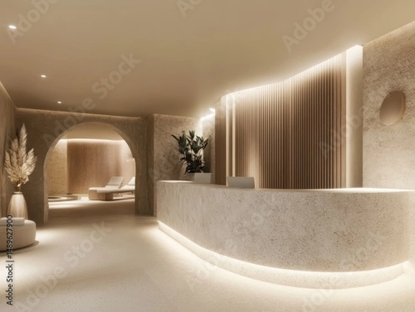 Fototapeta A modern interior design perspective of a spa reception