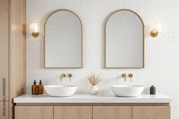 Fototapeta Elegant bathroom with two white vessel sinks, gold faucets, arched mirrors, and modern lights on white tile wall, minimal interior design concept. Ai generative
