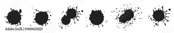 Obraz Paint splatter drops. Black ink spray, bright paint blots, abstract paint splashes flat vector illustration set. Paint splash isolated on white background. Splash splatter abstract shape.