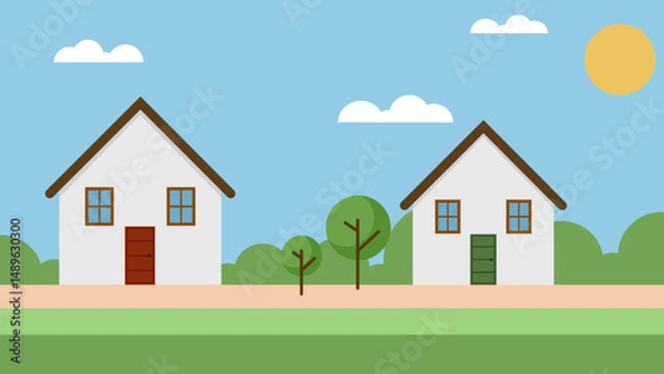 Fototapeta Flat Suburban Neighborhood Scene with Houses and Trees – Vector Illustration