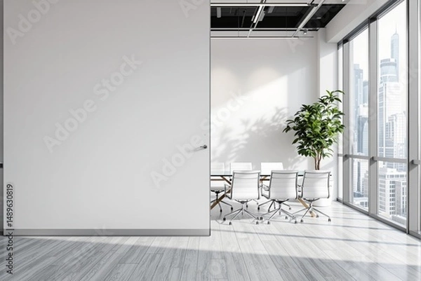 Fototapeta Bright modern office interior with glass walls, white chairs, wood floor, and cityscape background, showcasing clean architecture and office design. Ai generative