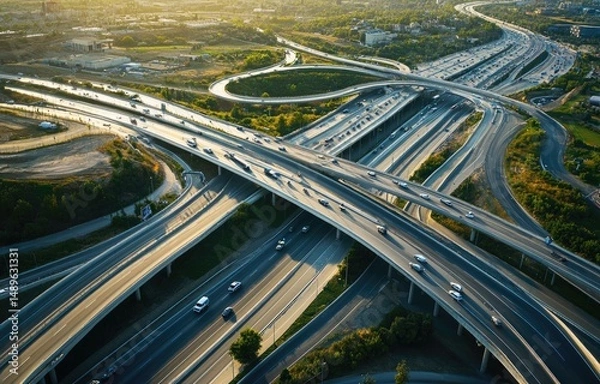 Fototapeta Aerial view of a complex highway interchange at sunset.  Busy roads crisscross with numerous overpasses,  showing cars and trucks navigating the network