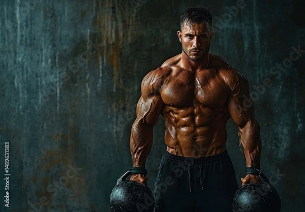 Obraz Muscular man with intense expression holding two heavy kettlebells standing against dark grungy wall showing defined upper body muscles under dramatic lighting