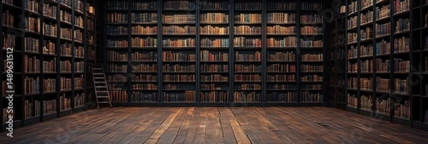 Obraz Spacious traditional library with tall wooden bookshelves filled with numerous old books and a ladder leaning against one shelf on wooden flooring