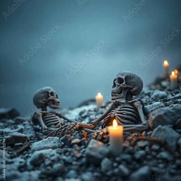 Fototapeta Ancient Skeletons in Snowy Desolation – Cinematic Mystery at Misty Lake’s Edge with Weathered Bones