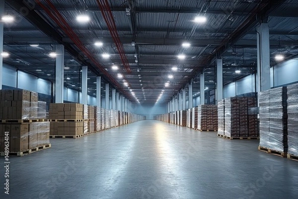 Obraz Spacious and well-lit modern warehouse interior with neatly stacked pallets of goods on both sides and a long clear central aisle reflecting ceiling lights