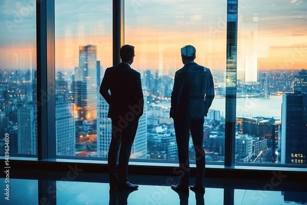 Obraz Two businessmen in suits looking out of a large office window at a city skyline during sunset, conveying a contemplative and professional atmosphere
