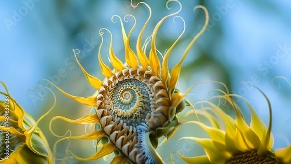Fototapeta Close-up of fantasy sunflower resembling nautilus shell spiral, Concept of surrealism, botany