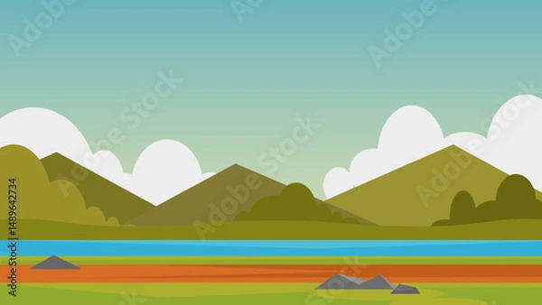 Fototapeta Colorful Summer Landscape with Mountains and River – Flat Vector Illustration