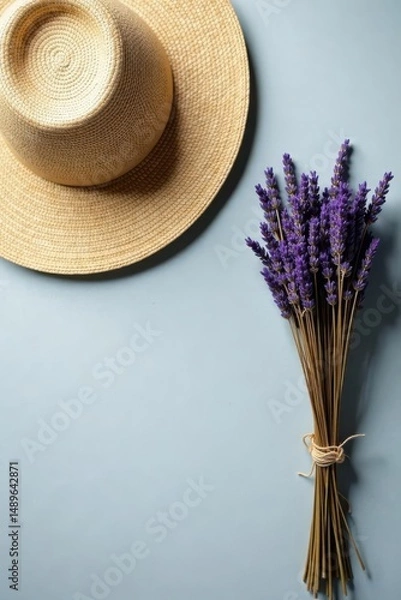 Fototapeta A sun hat rests beside a bunch of lavender flowers on a light blue background.