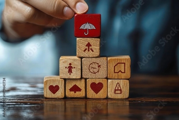 Fototapeta Hand stacking wooden blocks with various red icons including hearts, arrows, a clock, a caution sign, a person symbol, and an umbrella symbol on top, representing protection and care