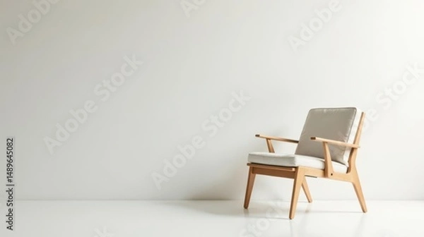 Fototapeta A light wooden armchair with a neutral fabric cushion sits against a minimalist white wall, offering a serene and simple interior design aesthetic.