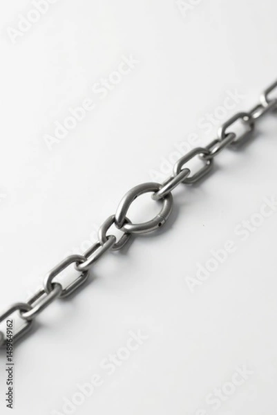 Fototapeta Close-up of a metallic chain link, showcasing its robust construction and interlocking design, a symbol of strength, unity, and connection.