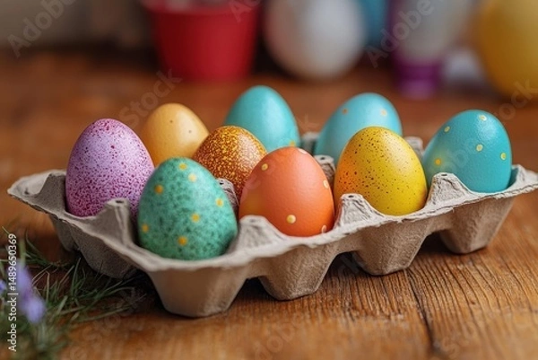 Fototapeta Colorful decorated eggs with speckles and dots arranged in a cardboard egg tray on a wooden table creating a festive and cheerful atmosphere