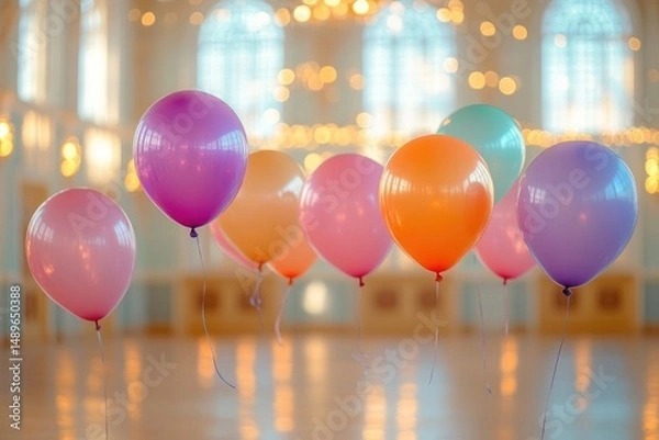 Obraz A group of colorful balloons floating indoors with soft warm lighting and blurred decorative background creating a festive and joyful atmosphere