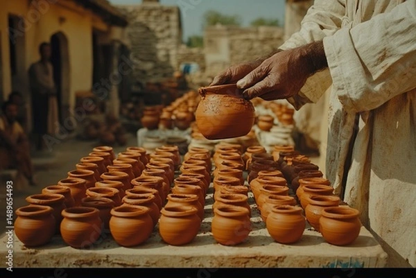 Obraz Potter displays handcrafted earthen clay pots