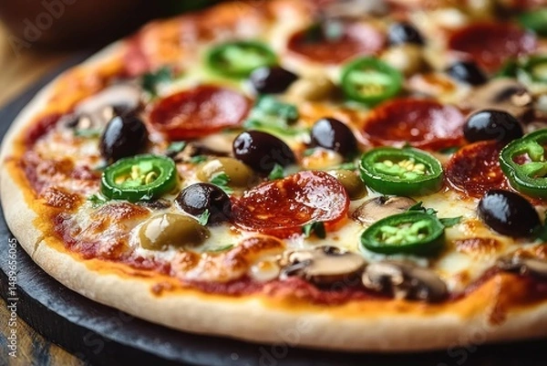Fototapeta Close-up of a freshly baked pizza topped with pepperoni, green jalapeño slices, black and green olives, mushrooms, melted cheese, and herbs on a wooden surface